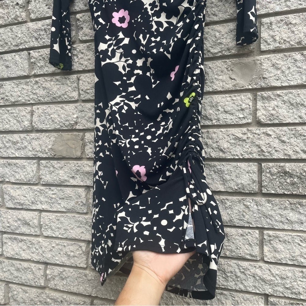 BCBG Paris Black Floral Print V Neck Ruched Midi Dress Women's Size Small - Picture 5 of 8